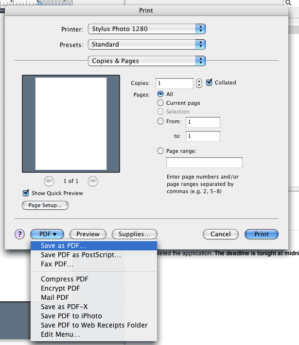 On Macs, choose Save as PDF... from PDF menu in lower left of Print Dialog Box.